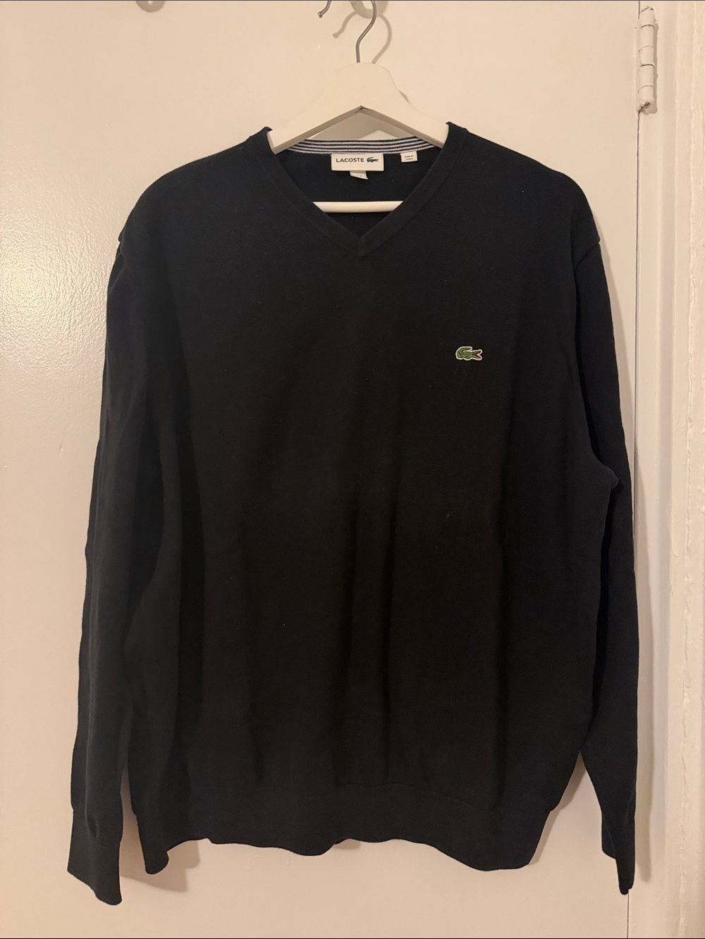 Lacoste Men's V-Neck Sweater in Black with Green Crocodile Logo